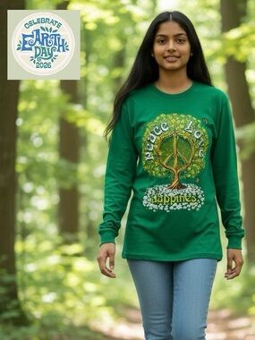 Earth Day “Peace, Love, & Happiness” Green Tee NWOT L/S Retro Hippy